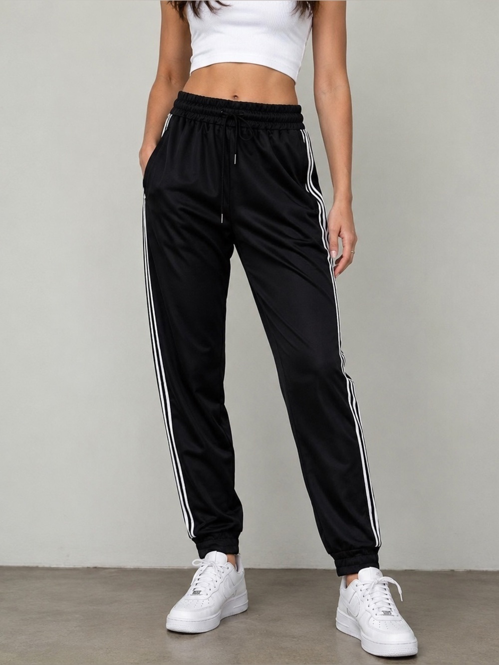 Sundry black jogger pants with white stripes on side 2